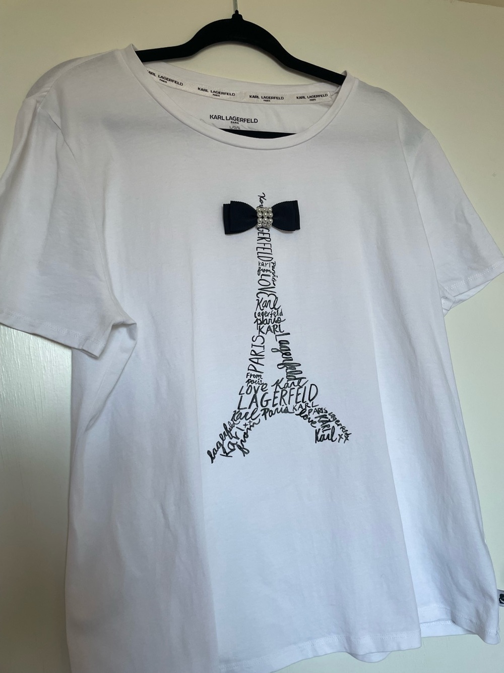 Karl Lagerfeld White Tee with Eiffel Tower Script and Bow